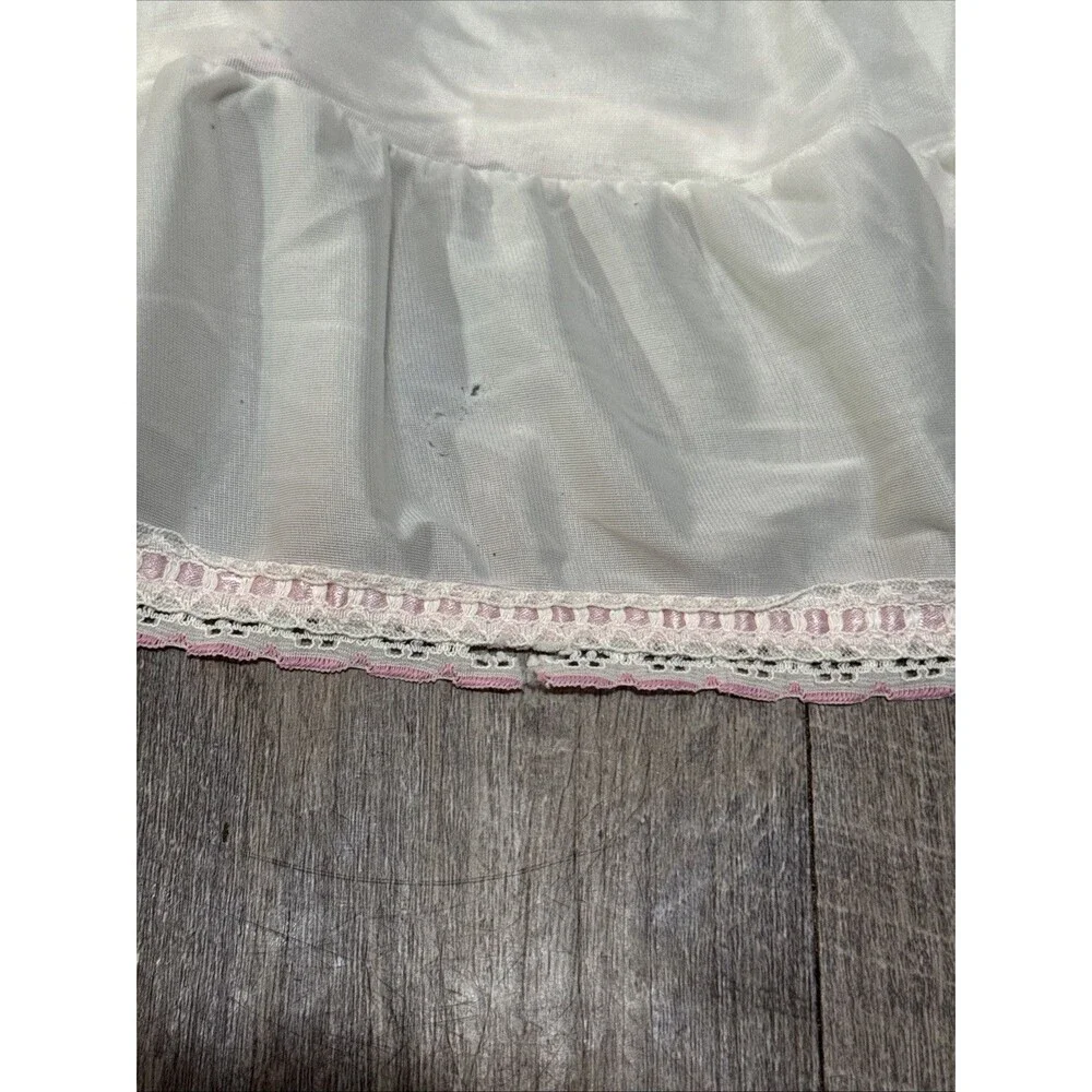 Vintage White Maxi Half Slip Skirt Pink Lace Ruffle Hem Coquette Flawed